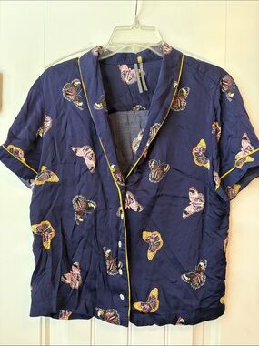 Anthropologie Navy Butterfly Print Pajama Shirt with Yellow Accents